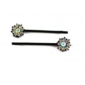 Diamante Flower Hair Pins, Black/Silver