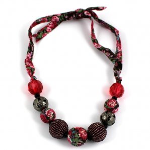 Printed Ribbon Tie Necklace, Red Mix