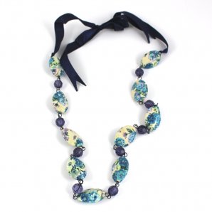 Printed Ribbon Tie and Bead Necklace, Blue